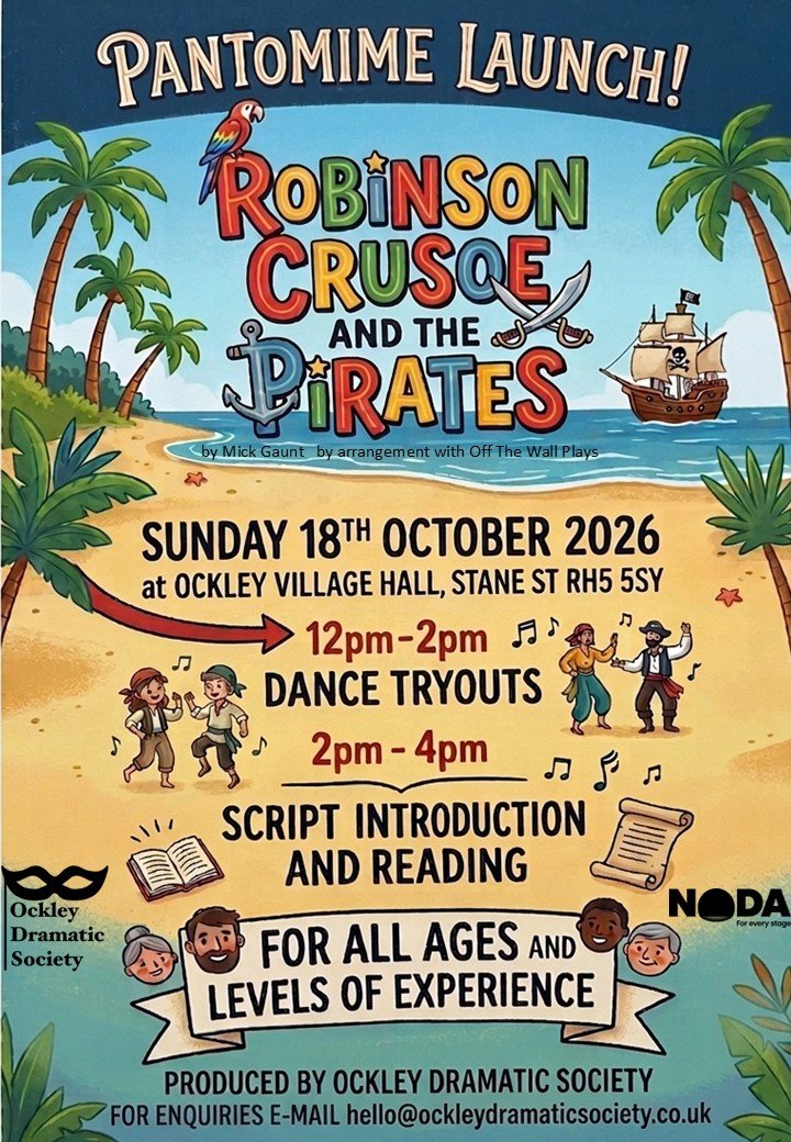 flyer for the Ockley dramatic society panto 2027, Robinson Crusoe